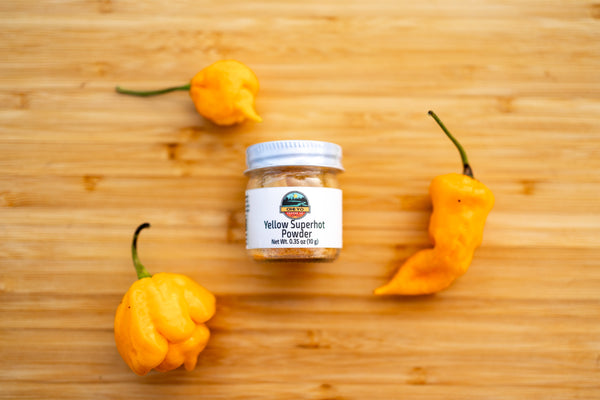 freeze dried yellow scorpion, yellow reaper, and yellow ghost pepper powder